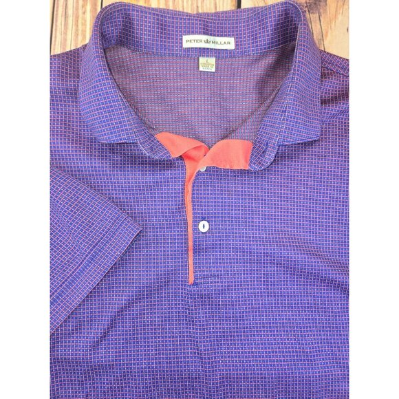Peter Millar Mens Polo Shirt Large Purple & Red Micro Check 100% Cotton - Picture 4 of 7